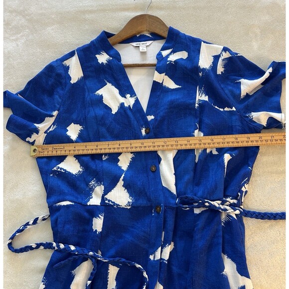 9 West Dress Large Linen Blend Button Front Blue White Resort Coastal Vacation - Picture 9 of 14
